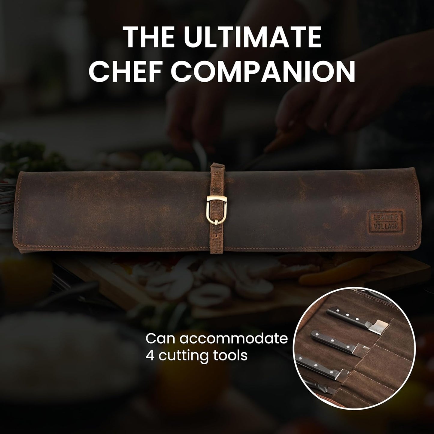 Genuine Leather Knife Roll Bag For Chef Professional-Brown | Durable Sheath Holder, Cooks & Culinary Tools Organizer, Portable Travel Storage with 4 Slots & Zipper Chef Carrying Case