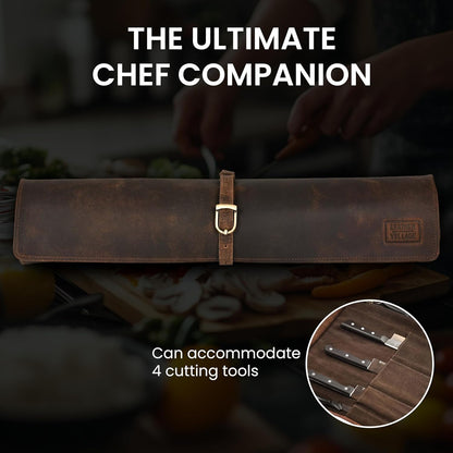Genuine Leather Knife Roll Bag For Chef Professional-Brown | Durable Sheath Holder, Cooks & Culinary Tools Organizer, Portable Travel Storage with 4 Slots & Zipper Chef Carrying Case