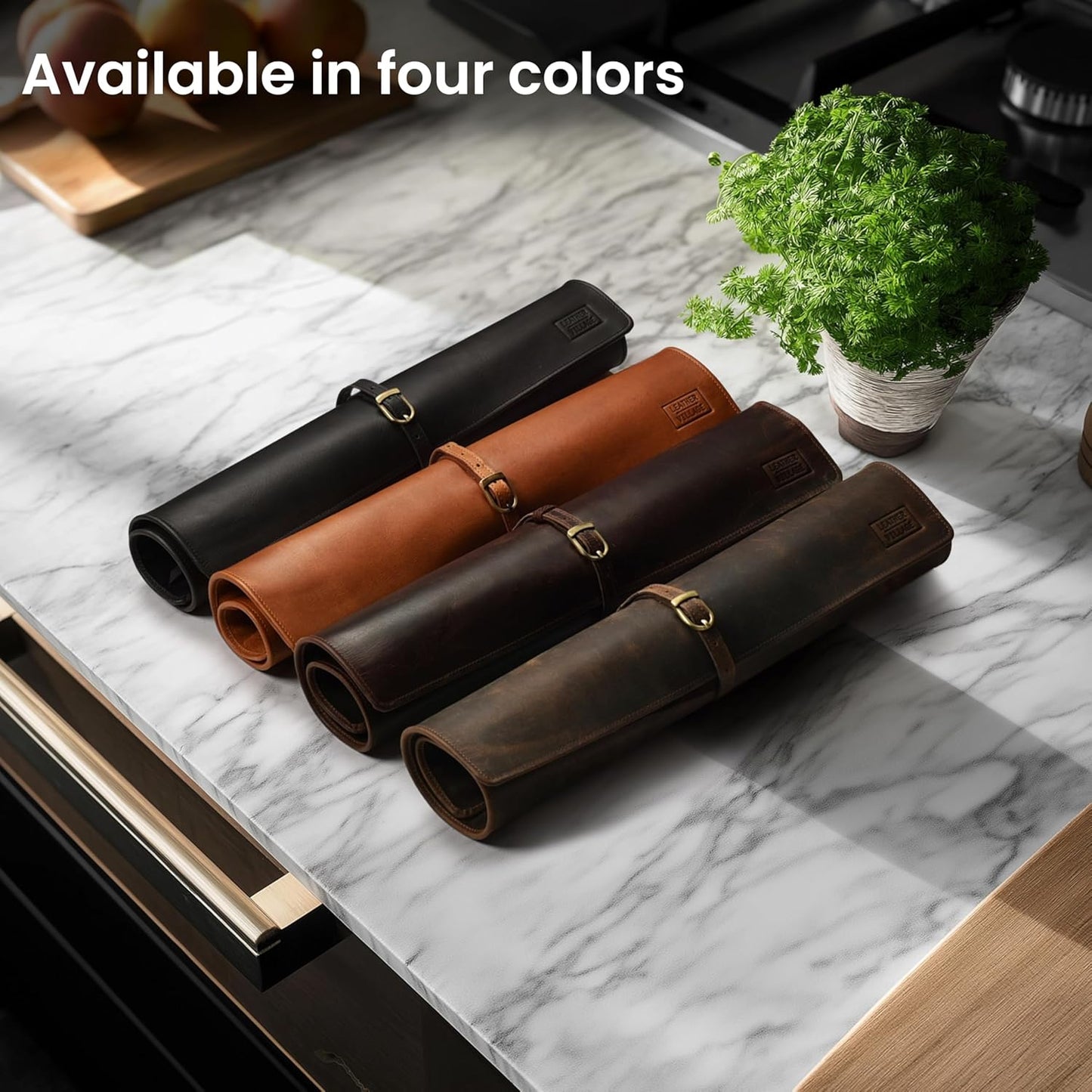 Genuine Leather Knife Roll Bag For Chef Professional-Brown | Durable Sheath Holder, Cooks & Culinary Tools Organizer, Portable Travel Storage with 4 Slots & Zipper Chef Carrying Case
