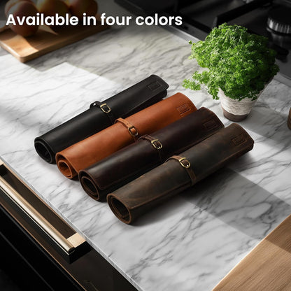 Genuine Leather Knife Roll Bag For Chef Professional-Brown | Durable Sheath Holder, Cooks & Culinary Tools Organizer, Portable Travel Storage with 4 Slots & Zipper Chef Carrying Case