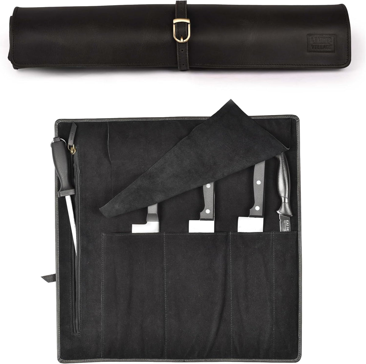 Genuine Leather Knife Roll Bag For Chef Professional-Brown | Durable Sheath Holder, Cooks & Culinary Tools Organizer, Portable Travel Storage with 4 Slots & Zipper Chef Carrying Case