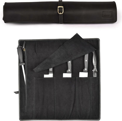 Genuine Leather Knife Roll Bag For Chef Professional-Brown | Durable Sheath Holder, Cooks & Culinary Tools Organizer, Portable Travel Storage with 4 Slots & Zipper Chef Carrying Case