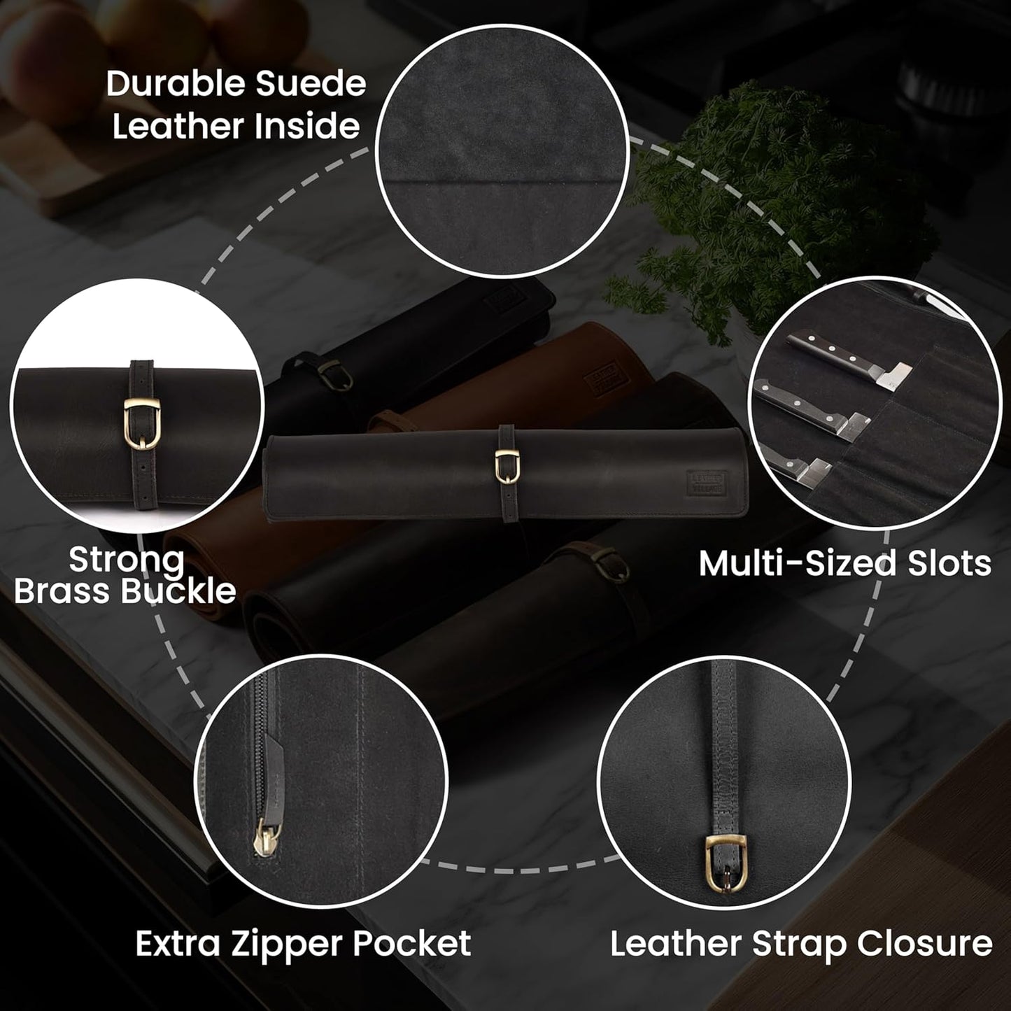Genuine Leather Knife Roll Bag For Chef Professional-Brown | Durable Sheath Holder, Cooks & Culinary Tools Organizer, Portable Travel Storage with 4 Slots & Zipper Chef Carrying Case