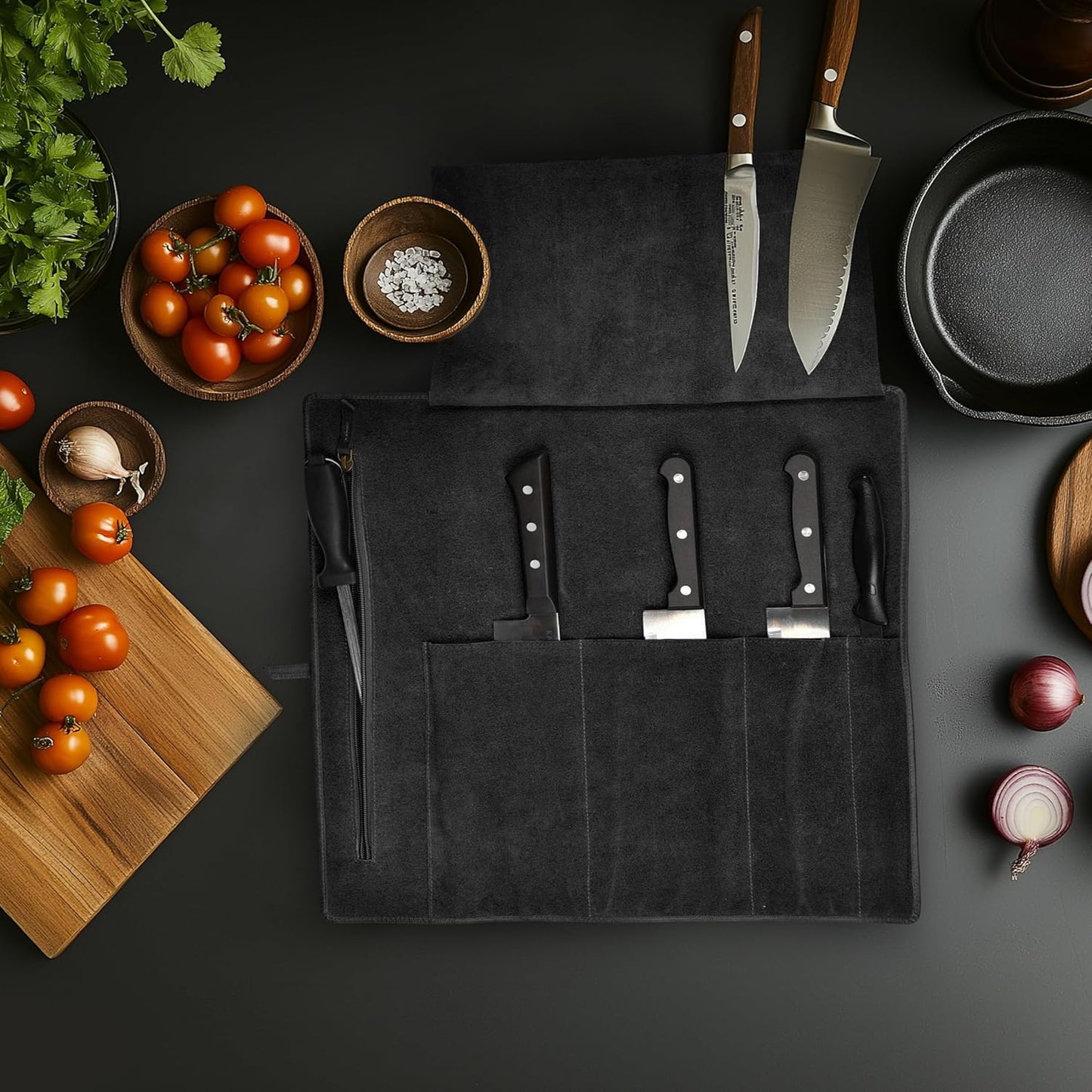 Genuine Leather Knife Roll Bag For Chef Professional-Brown | Durable Sheath Holder, Cooks & Culinary Tools Organizer, Portable Travel Storage with 4 Slots & Zipper Chef Carrying Case
