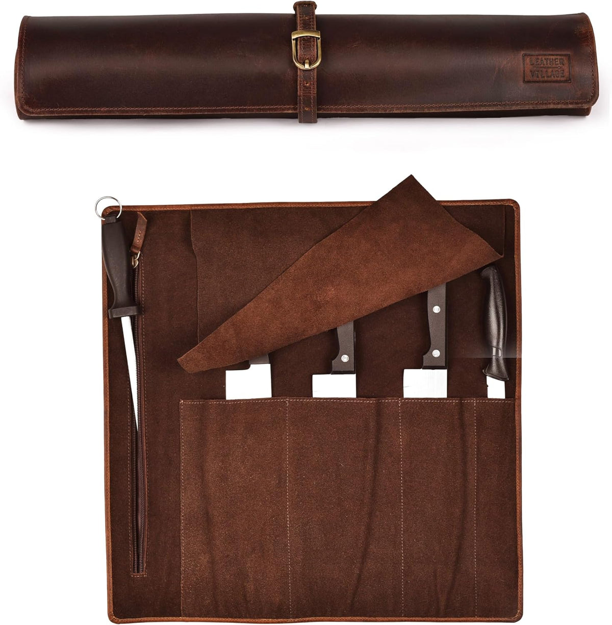 Genuine Leather Knife Roll Bag For Chef Professional-Brown | Durable Sheath Holder, Cooks & Culinary Tools Organizer, Portable Travel Storage with 4 Slots & Zipper Chef Carrying Case