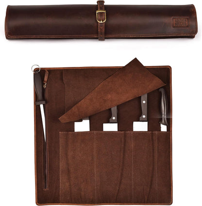 Genuine Leather Knife Roll Bag For Chef Professional-Brown | Durable Sheath Holder, Cooks & Culinary Tools Organizer, Portable Travel Storage with 4 Slots & Zipper Chef Carrying Case