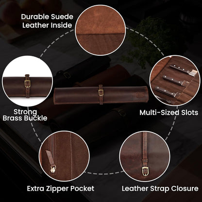 Genuine Leather Knife Roll Bag For Chef Professional-Brown | Durable Sheath Holder, Cooks & Culinary Tools Organizer, Portable Travel Storage with 4 Slots & Zipper Chef Carrying Case