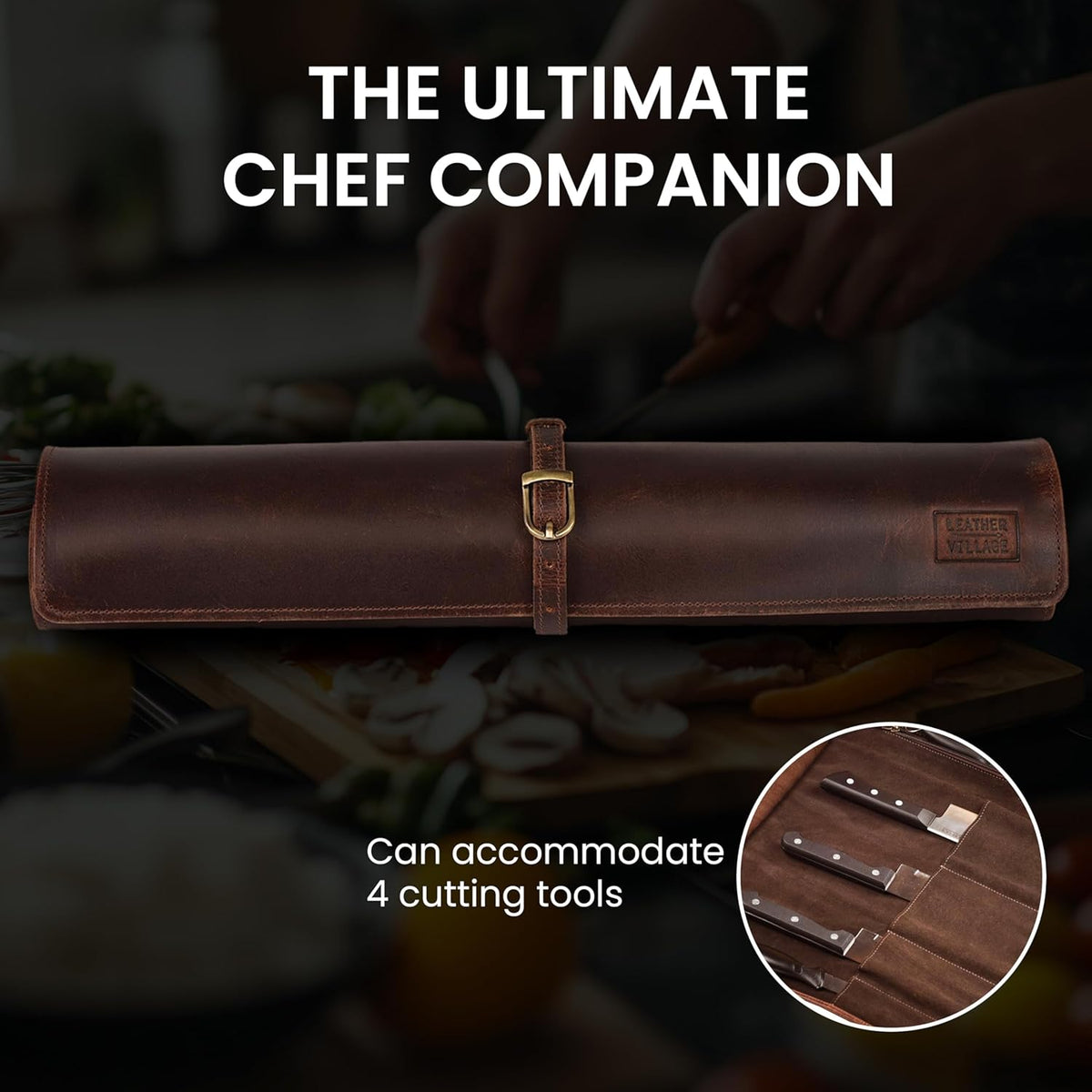 Genuine Leather Knife Roll Bag For Chef Professional-Brown | Durable Sheath Holder, Cooks & Culinary Tools Organizer, Portable Travel Storage with 4 Slots & Zipper Chef Carrying Case