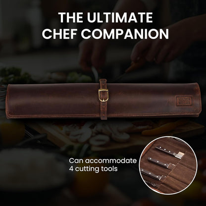 Genuine Leather Knife Roll Bag For Chef Professional-Brown | Durable Sheath Holder, Cooks & Culinary Tools Organizer, Portable Travel Storage with 4 Slots & Zipper Chef Carrying Case