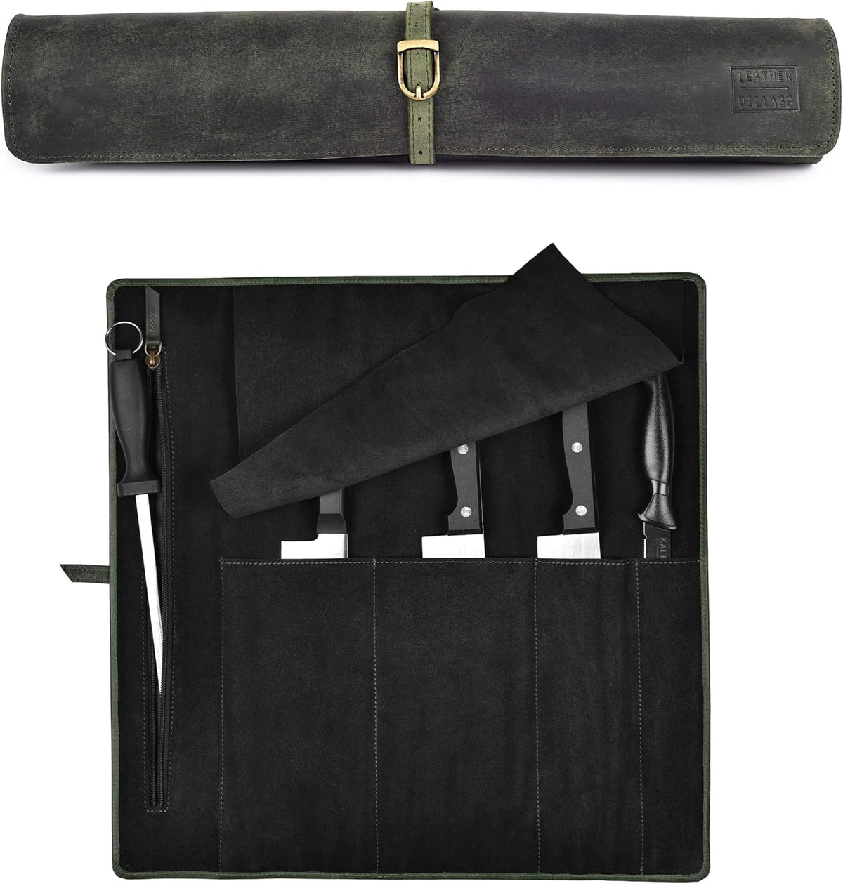Genuine Leather Knife Roll Bag For Chef Professional-Brown | Durable Sheath Holder, Cooks & Culinary Tools Organizer, Portable Travel Storage with 4 Slots & Zipper Chef Carrying Case