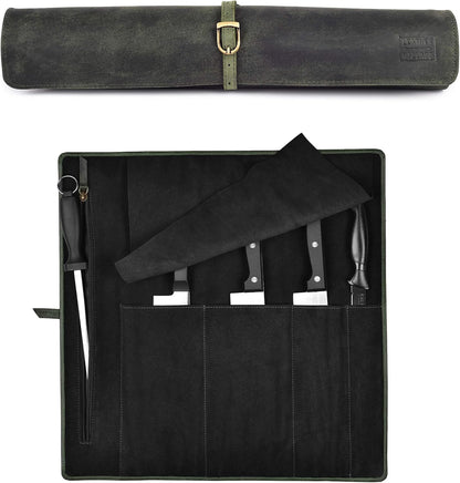 Genuine Leather Knife Roll Bag For Chef Professional-Brown | Durable Sheath Holder, Cooks & Culinary Tools Organizer, Portable Travel Storage with 4 Slots & Zipper Chef Carrying Case