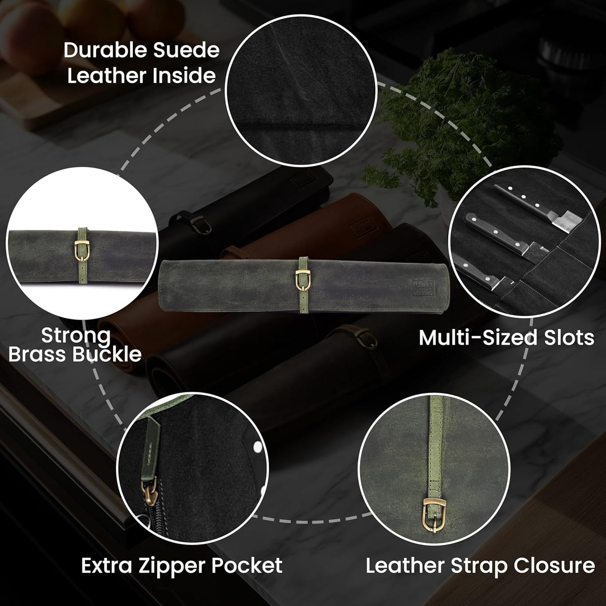 Genuine Leather Knife Roll Bag For Chef Professional-Brown | Durable Sheath Holder, Cooks & Culinary Tools Organizer, Portable Travel Storage with 4 Slots & Zipper Chef Carrying Case