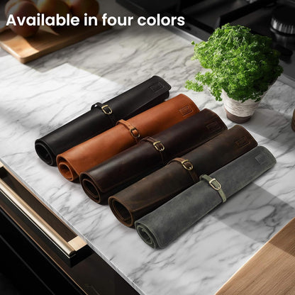 Genuine Leather Knife Roll Bag For Chef Professional-Brown | Durable Sheath Holder, Cooks & Culinary Tools Organizer, Portable Travel Storage with 4 Slots & Zipper Chef Carrying Case