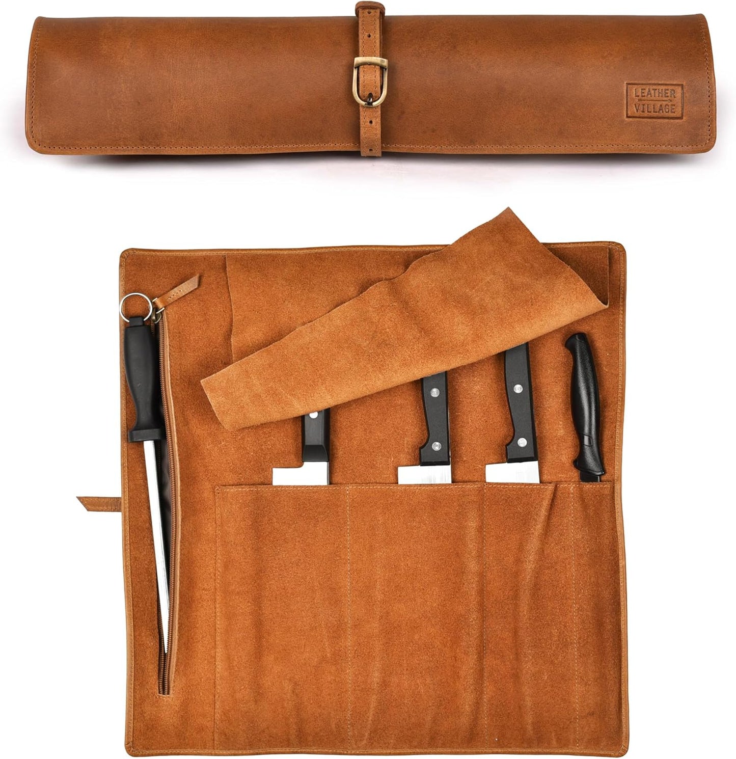 Genuine Leather Knife Roll Bag For Chef Professional-Brown | Durable Sheath Holder, Cooks & Culinary Tools Organizer, Portable Travel Storage with 4 Slots & Zipper Chef Carrying Case