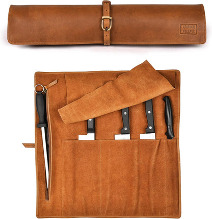 Genuine Leather Knife Roll Bag For Chef Professional-Brown | Durable Sheath Holder, Cooks & Culinary Tools Organizer, Portable Travel Storage with 4 Slots & Zipper Chef Carrying Case