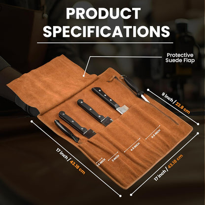 Genuine Leather Knife Roll Bag For Chef Professional-Brown | Durable Sheath Holder, Cooks & Culinary Tools Organizer, Portable Travel Storage with 4 Slots & Zipper Chef Carrying Case