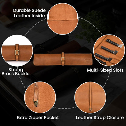 Genuine Leather Knife Roll Bag For Chef Professional-Brown | Durable Sheath Holder, Cooks & Culinary Tools Organizer, Portable Travel Storage with 4 Slots & Zipper Chef Carrying Case