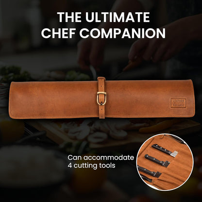 Genuine Leather Knife Roll Bag For Chef Professional-Brown | Durable Sheath Holder, Cooks & Culinary Tools Organizer, Portable Travel Storage with 4 Slots & Zipper Chef Carrying Case