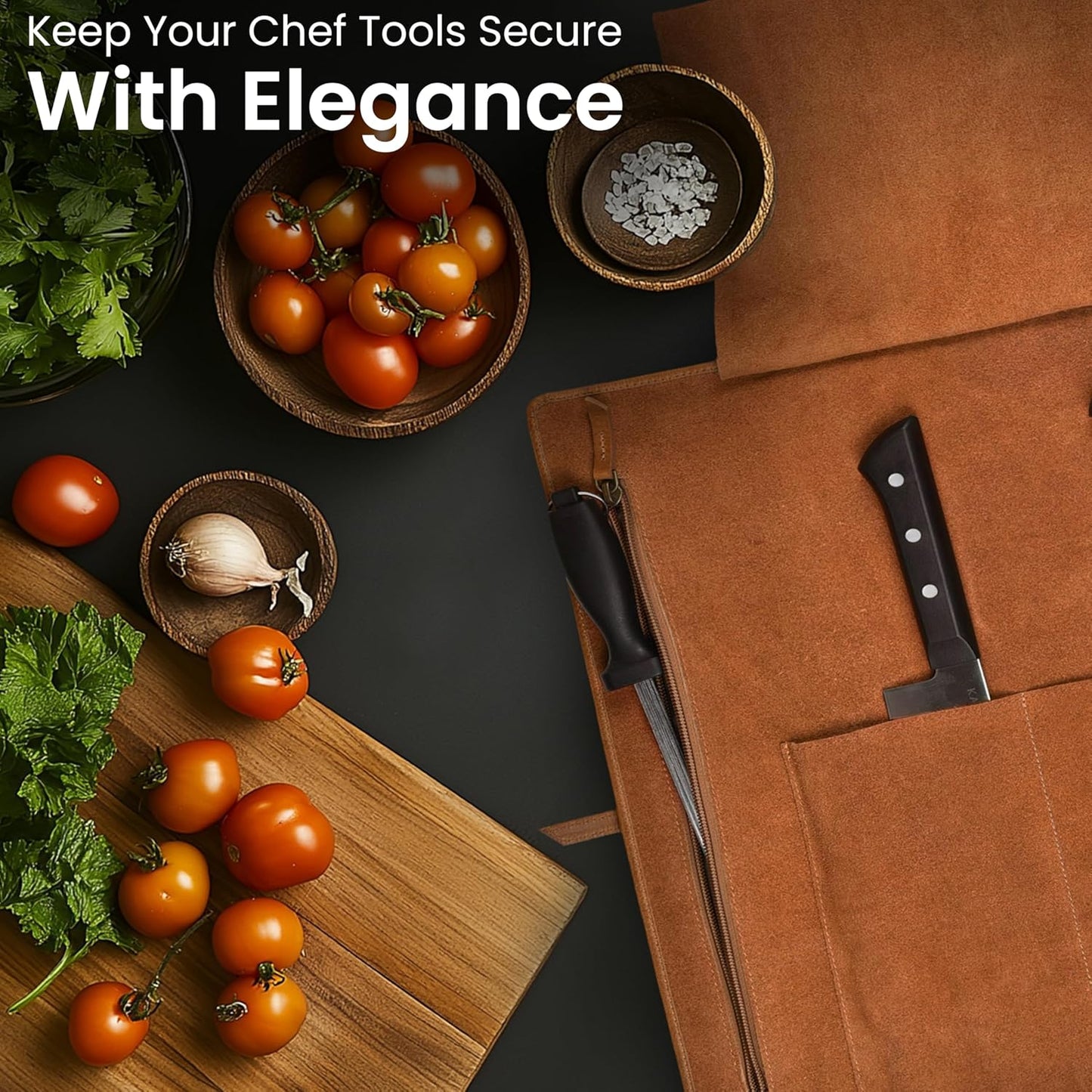 Genuine Leather Knife Roll Bag For Chef Professional-Brown | Durable Sheath Holder, Cooks & Culinary Tools Organizer, Portable Travel Storage with 4 Slots & Zipper Chef Carrying Case