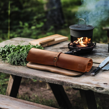 Genuine Leather Knife Roll Bag For Chef Professional-Brown | Durable Sheath Holder, Cooks & Culinary Tools Organizer, Portable Travel Storage with 4 Slots & Zipper Chef Carrying Case