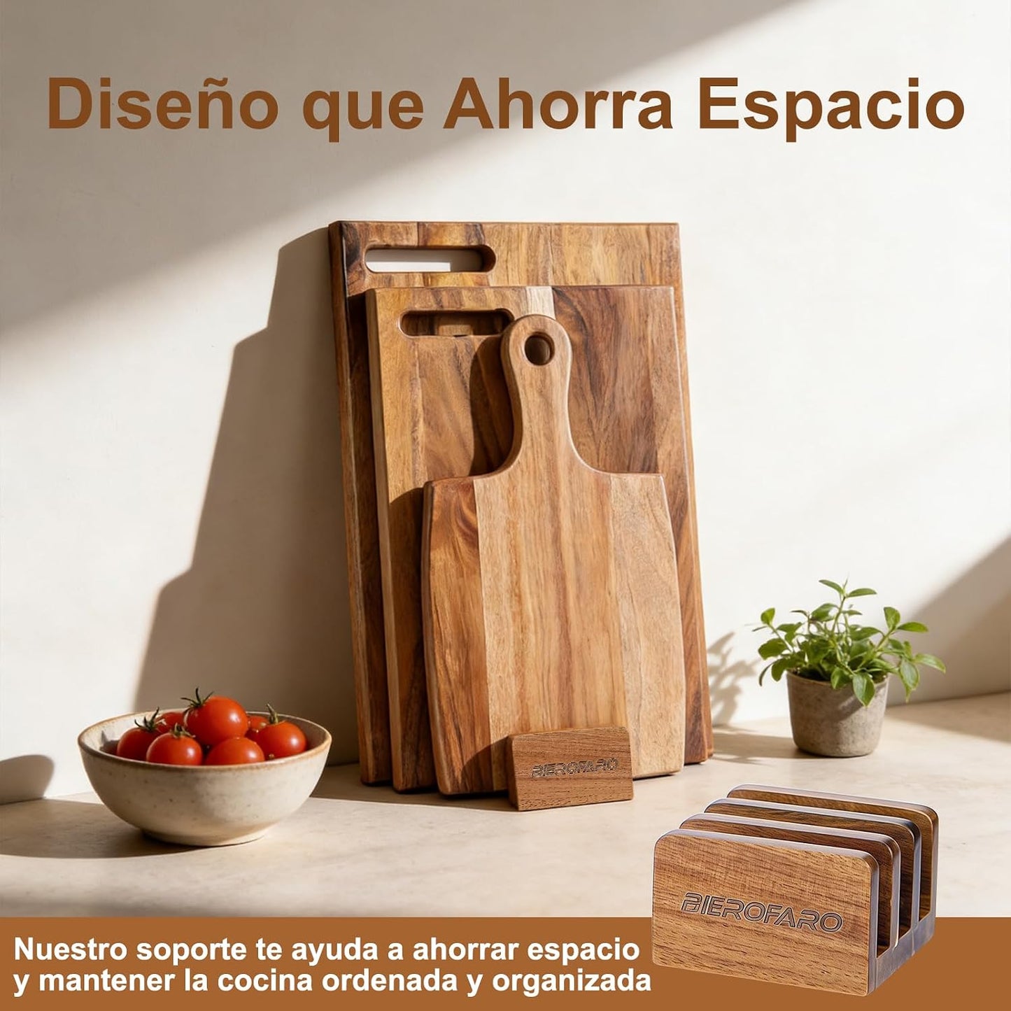 Acacia Wood Cutting Board Set of 3 with Stand – Kitchen & Charcuterie Serving Boards, Multi-Size Wooden Chopping Boards for Meat, Veggies & Fruit, Easy Clean & Space-Saving Display
