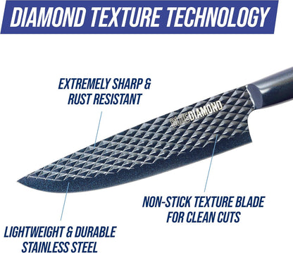 Blue Diamond Sharp Stone Nonstick Stainless Steel Cutlery, 3 Piece Set including Chef Serrated and Pairing Knives with Covers, Diamond Texture Blade, Dishwasher Safe, Blue