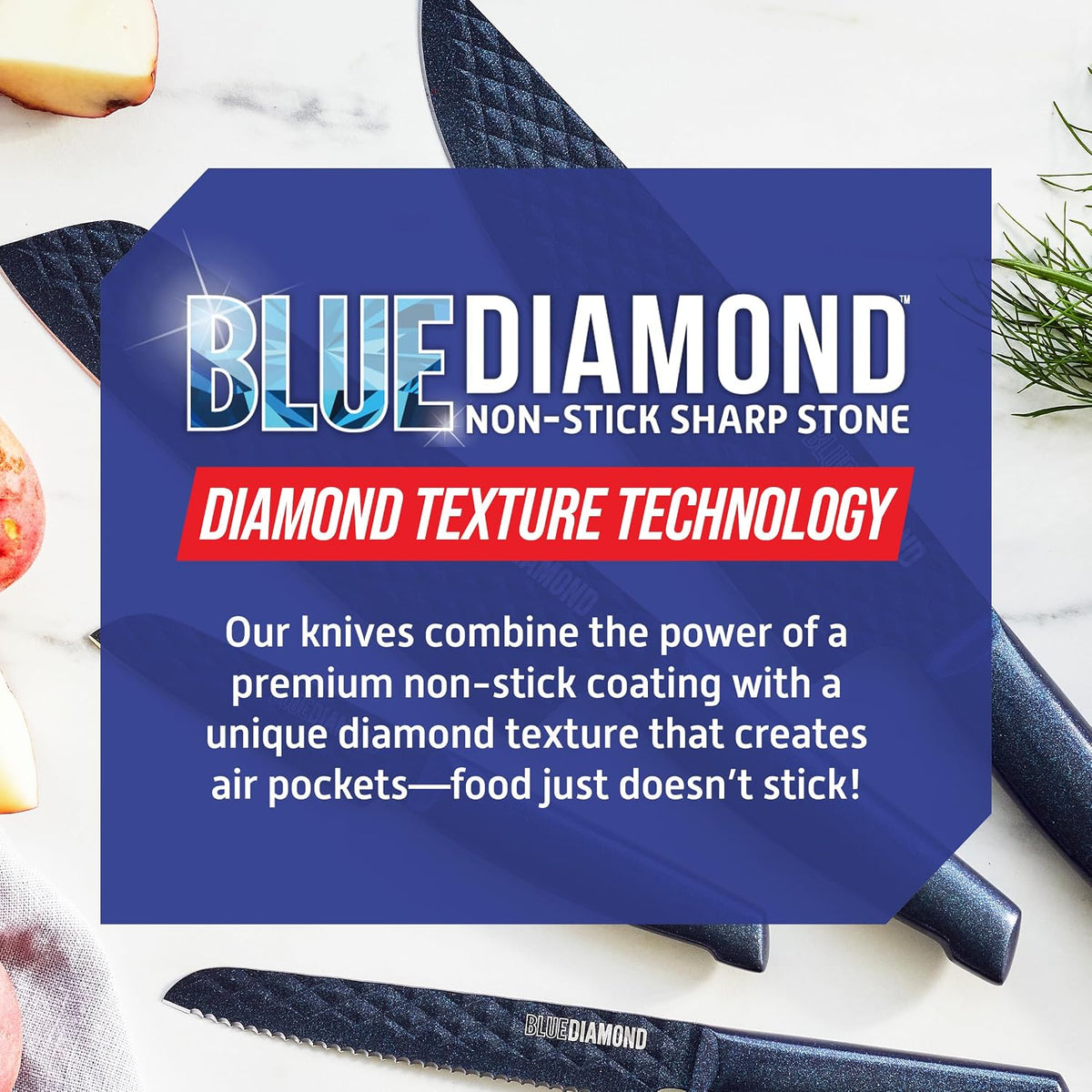 Blue Diamond Sharp Stone Nonstick Stainless Steel Cutlery, 3 Piece Set including Chef Serrated and Pairing Knives with Covers, Diamond Texture Blade, Dishwasher Safe, Blue