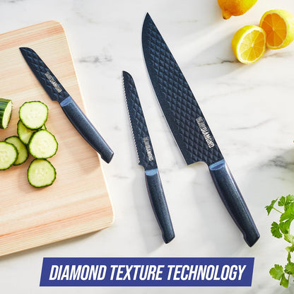 Blue Diamond Sharp Stone Nonstick Stainless Steel Cutlery, 3 Piece Set including Chef Serrated and Pairing Knives with Covers, Diamond Texture Blade, Dishwasher Safe, Blue