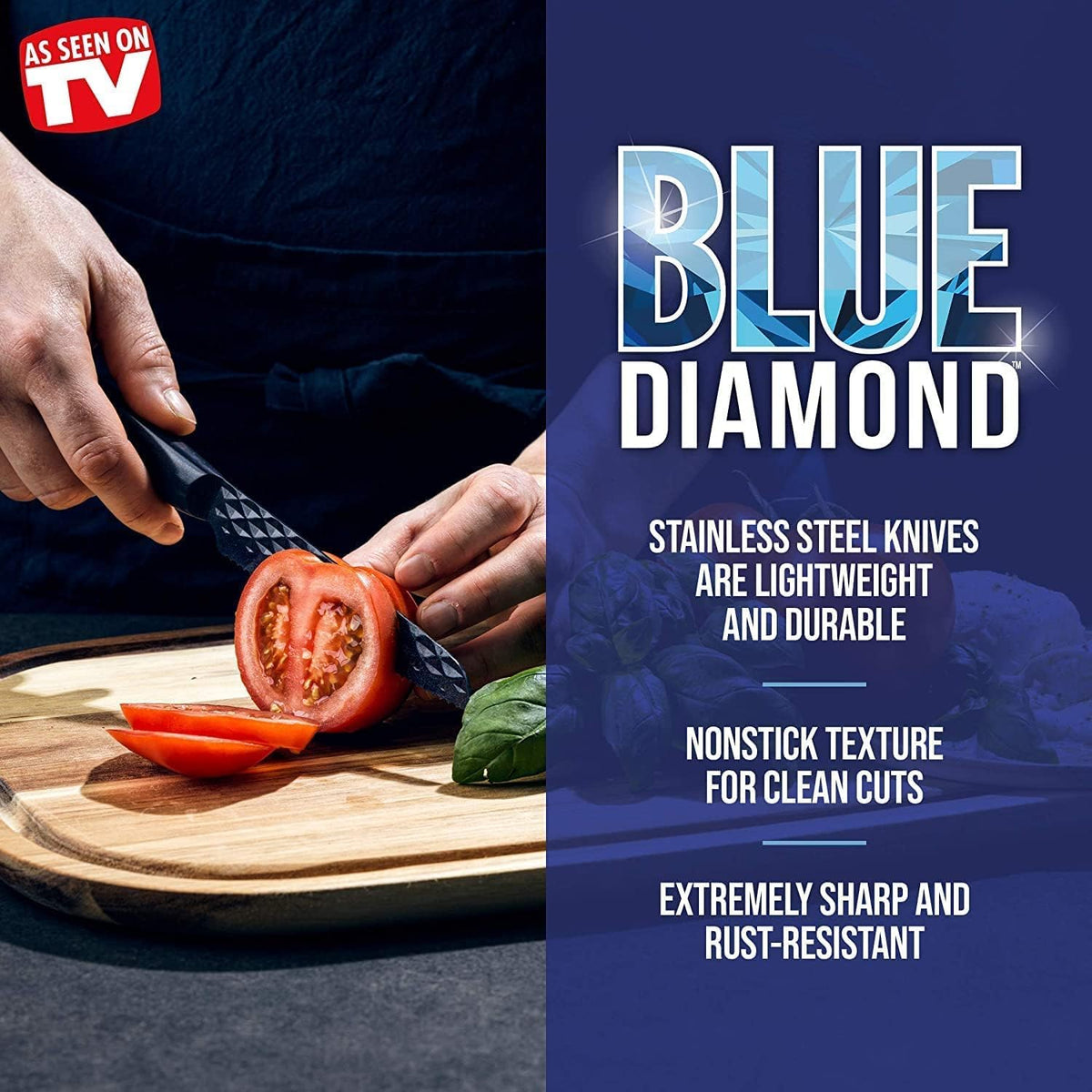 Blue Diamond Sharp Stone Nonstick Stainless Steel Cutlery, 3 Piece Set including Chef Serrated and Pairing Knives with Covers, Diamond Texture Blade, Dishwasher Safe, Blue