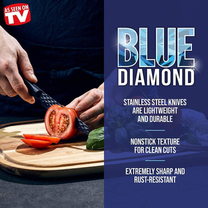 Blue Diamond Sharp Stone Nonstick Stainless Steel Cutlery, 3 Piece Set including Chef Serrated and Pairing Knives with Covers, Diamond Texture Blade, Dishwasher Safe, Blue