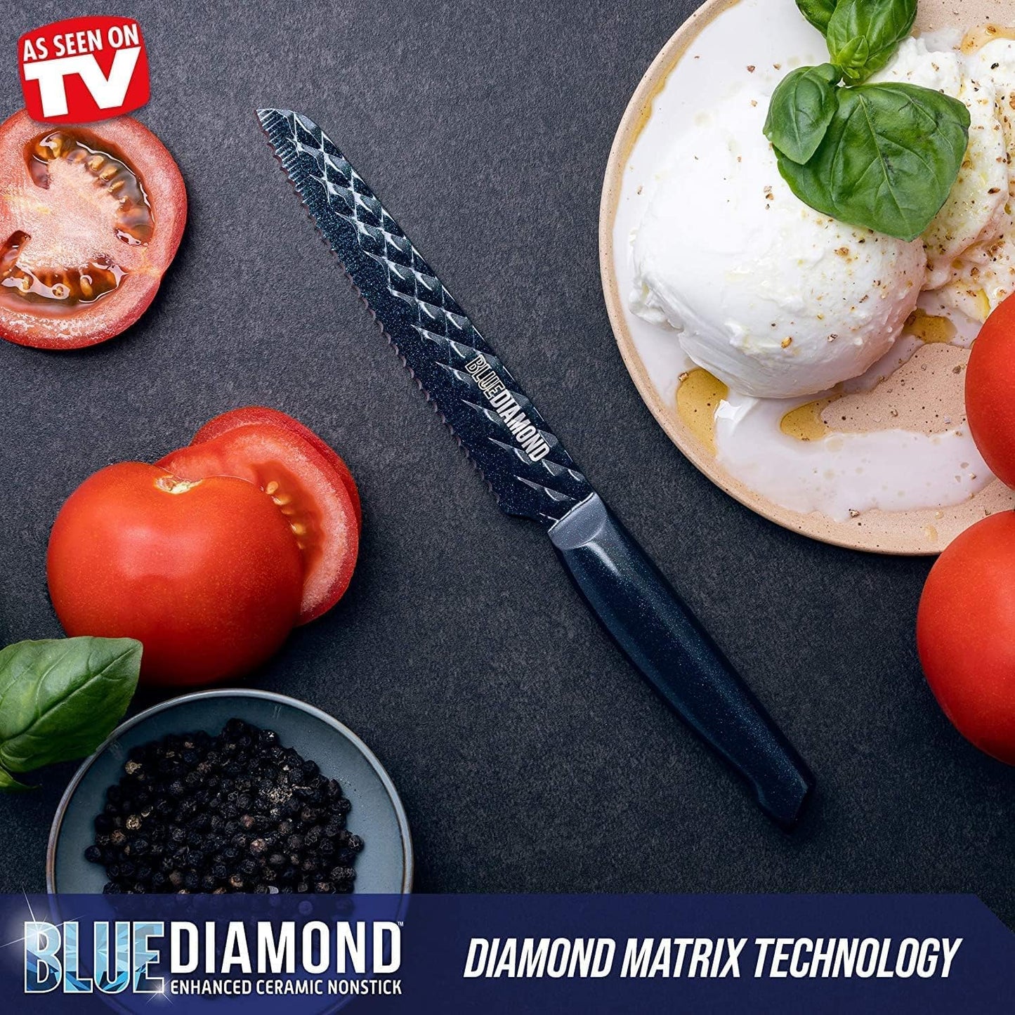 Blue Diamond Sharp Stone Nonstick Stainless Steel Cutlery, 3 Piece Set including Chef Serrated and Pairing Knives with Covers, Diamond Texture Blade, Dishwasher Safe, Blue