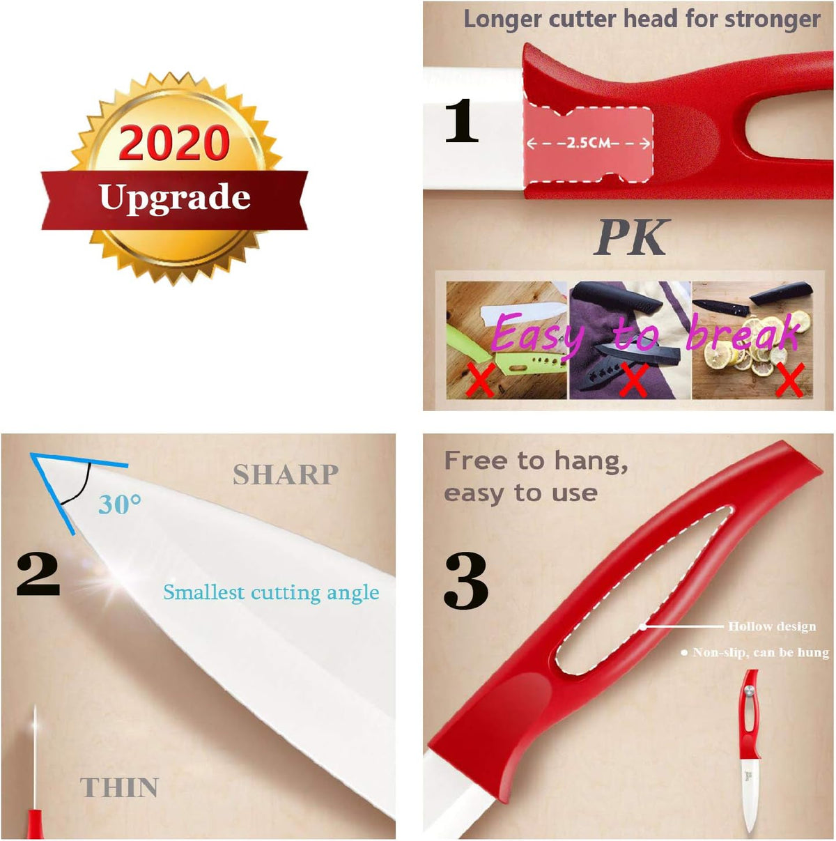 Ceramic knife, Ceramic kitchen Knife Set with Sheath Super Sharp Kitchen Knives 5inch Fruit Knife(Red)
