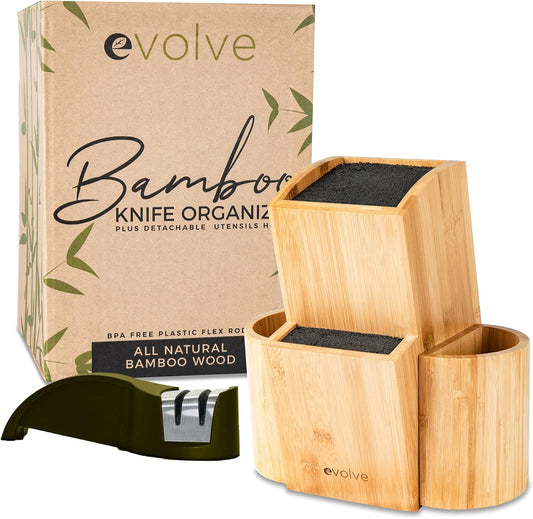 Bamboo Knife Block - Universal Kitchen Knife Holder - Safe & Space Saver Knife Storage that Covers Knife Blades Up To 9” & Holds Up To 20 Knives with Machine Washable & BPA Free Flex Rods.