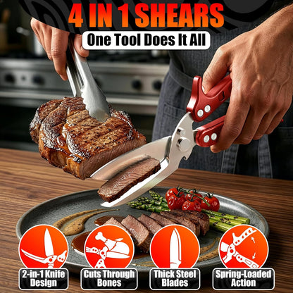 Kitchen Shears Heavy Duty, Safety Lock, Stainless Steel (Red)