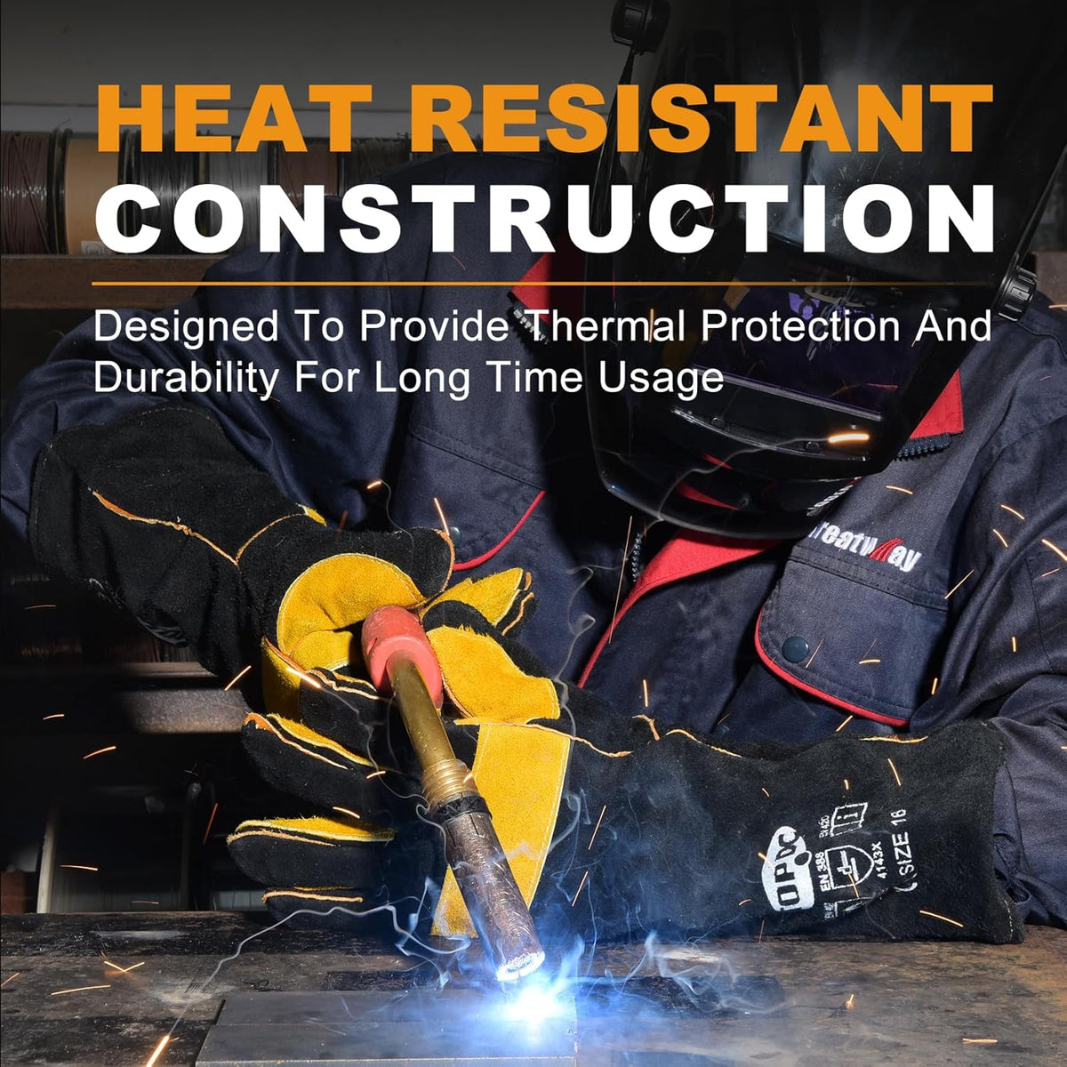 Welding Gloves 16-Inch 932°F Heat Resistant Leather for MIG, Stick | Foil Layer, 1.2 mm Cowhide, Kevlar Stitching and Cotton Lining; Cuff Protects Forearms for Fireplace, Grill and Stove Use