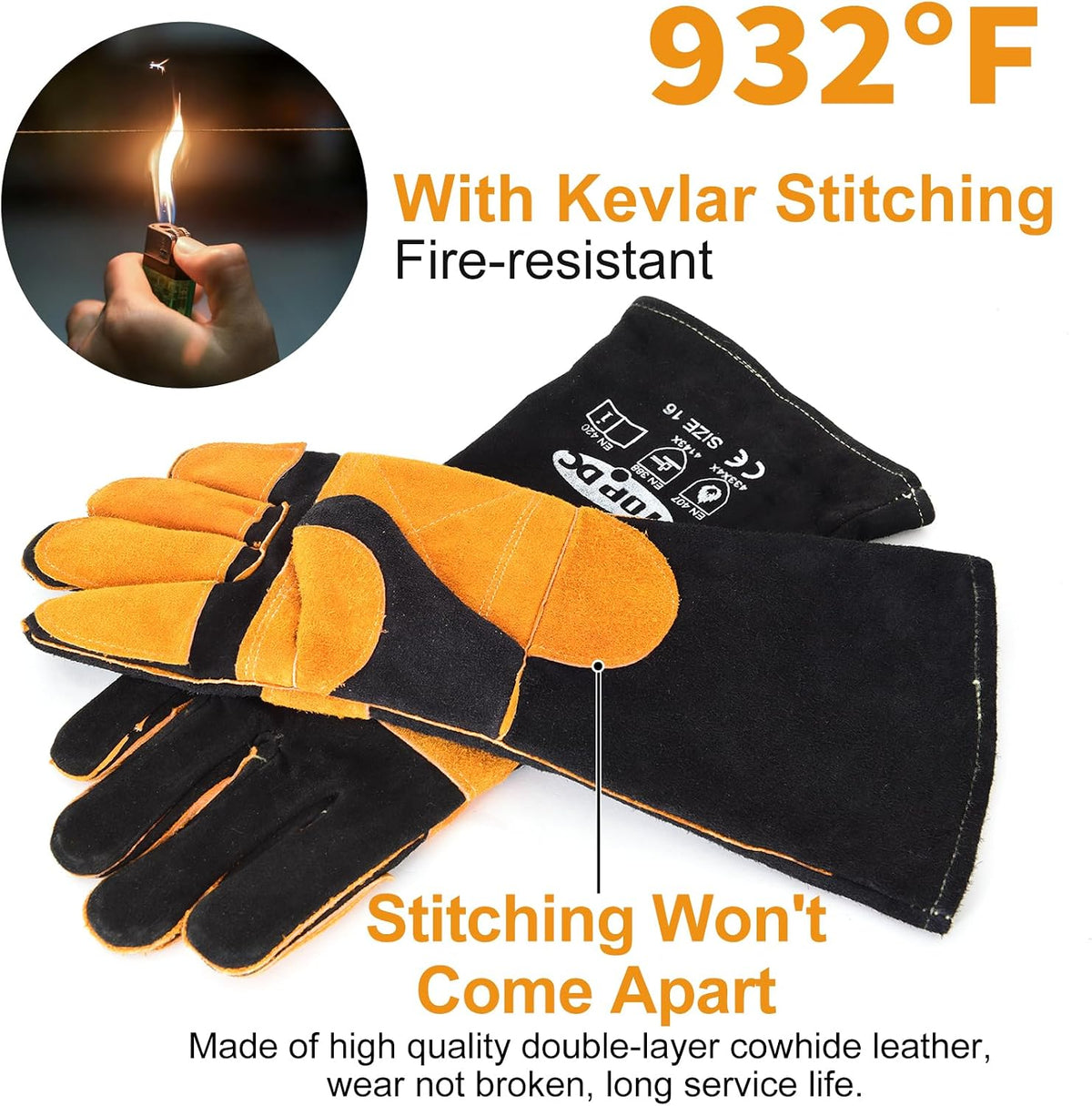 Welding Gloves 16-Inch 932°F Heat Resistant Leather for MIG, Stick | Foil Layer, 1.2 mm Cowhide, Kevlar Stitching and Cotton Lining; Cuff Protects Forearms for Fireplace, Grill and Stove Use
