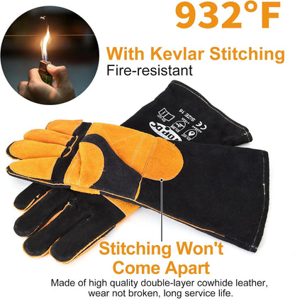 Welding Gloves 16-Inch 932°F Heat Resistant Leather for MIG, Stick | Foil Layer, 1.2 mm Cowhide, Kevlar Stitching and Cotton Lining; Cuff Protects Forearms for Fireplace, Grill and Stove Use