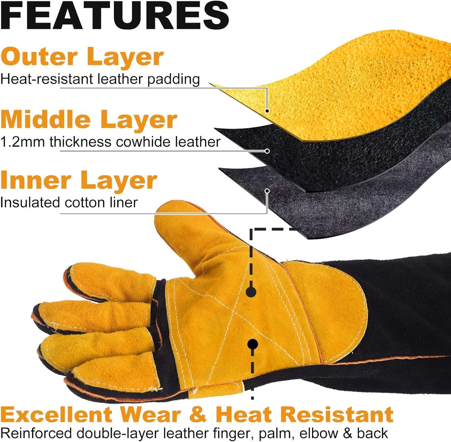 Welding Gloves 16-Inch 932°F Heat Resistant Leather for MIG, Stick | Foil Layer, 1.2 mm Cowhide, Kevlar Stitching and Cotton Lining; Cuff Protects Forearms for Fireplace, Grill and Stove Use