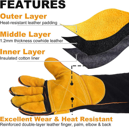 Welding Gloves 16-Inch 932°F Heat Resistant Leather for MIG, Stick | Foil Layer, 1.2 mm Cowhide, Kevlar Stitching and Cotton Lining; Cuff Protects Forearms for Fireplace, Grill and Stove Use