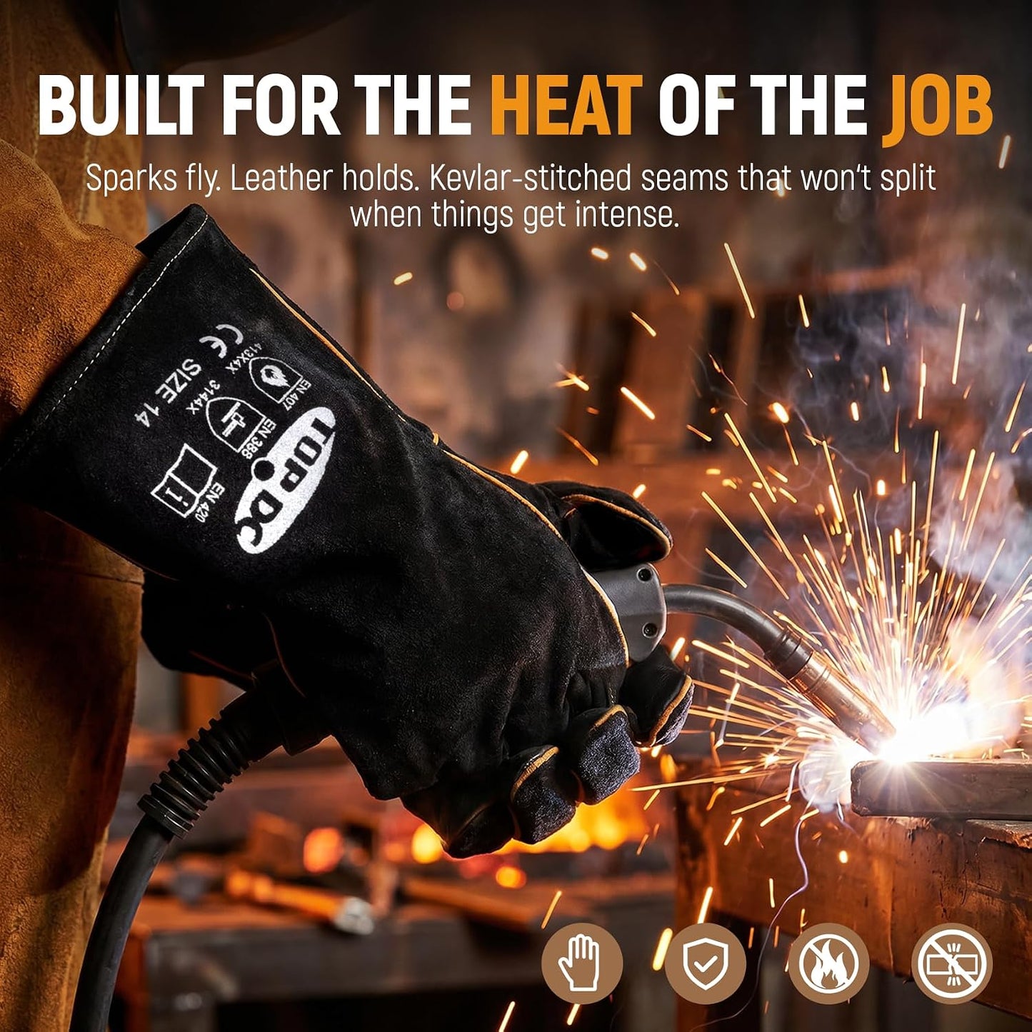 Welding Gloves 16-Inch 932°F Heat Resistant Leather for MIG, Stick | Foil Layer, 1.2 mm Cowhide, Kevlar Stitching and Cotton Lining; Cuff Protects Forearms for Fireplace, Grill and Stove Use