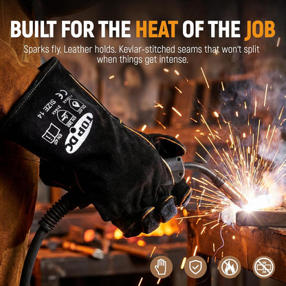 Welding Gloves 16-Inch 932°F Heat Resistant Leather for MIG, Stick | Foil Layer, 1.2 mm Cowhide, Kevlar Stitching and Cotton Lining; Cuff Protects Forearms for Fireplace, Grill and Stove Use