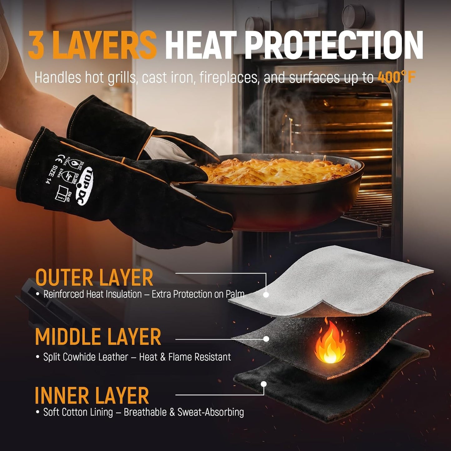 Welding Gloves 16-Inch 932°F Heat Resistant Leather for MIG, Stick | Foil Layer, 1.2 mm Cowhide, Kevlar Stitching and Cotton Lining; Cuff Protects Forearms for Fireplace, Grill and Stove Use