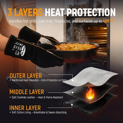 Welding Gloves 16-Inch 932°F Heat Resistant Leather for MIG, Stick | Foil Layer, 1.2 mm Cowhide, Kevlar Stitching and Cotton Lining; Cuff Protects Forearms for Fireplace, Grill and Stove Use