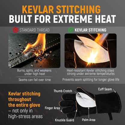 Welding Gloves 16-Inch 932°F Heat Resistant Leather for MIG, Stick | Foil Layer, 1.2 mm Cowhide, Kevlar Stitching and Cotton Lining; Cuff Protects Forearms for Fireplace, Grill and Stove Use