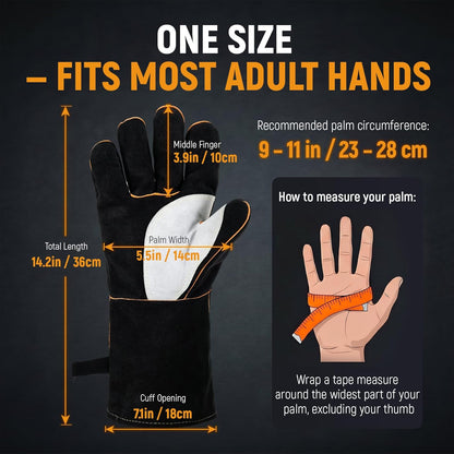 Welding Gloves 16-Inch 932°F Heat Resistant Leather for MIG, Stick | Foil Layer, 1.2 mm Cowhide, Kevlar Stitching and Cotton Lining; Cuff Protects Forearms for Fireplace, Grill and Stove Use