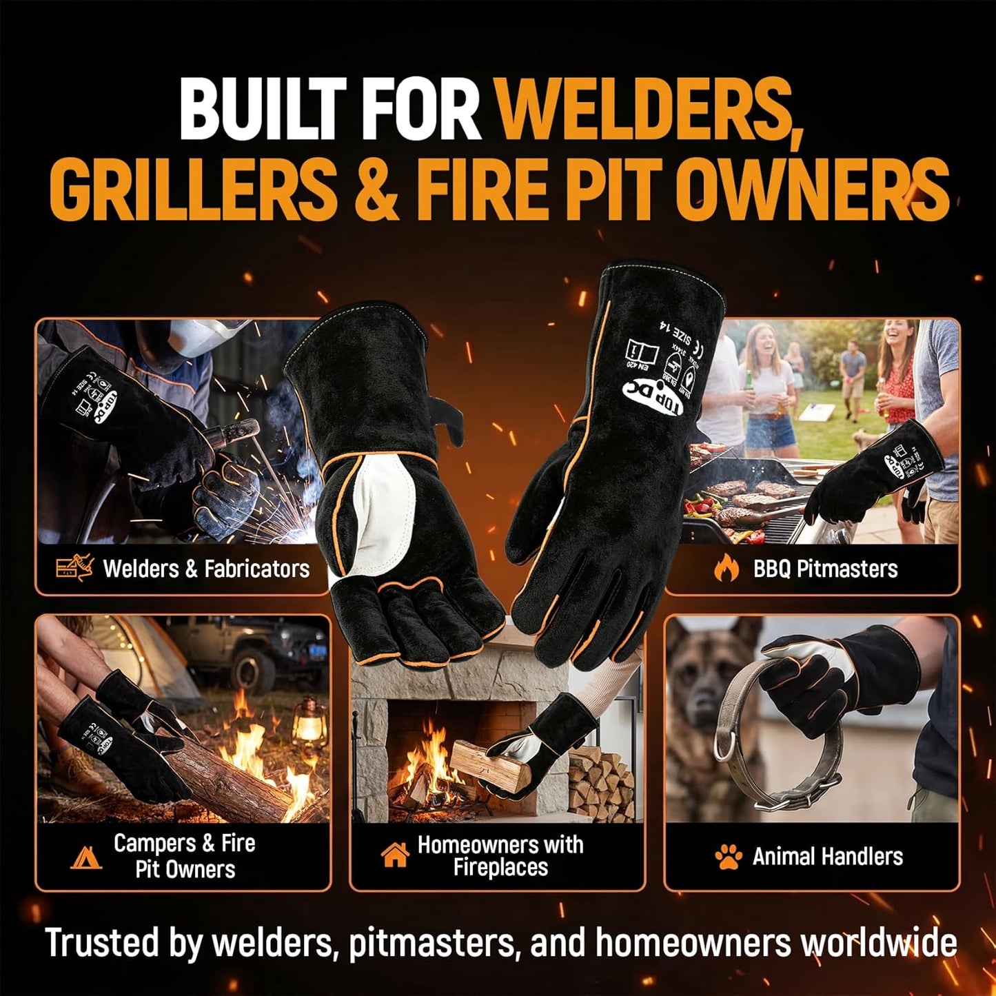Welding Gloves 16-Inch 932°F Heat Resistant Leather for MIG, Stick | Foil Layer, 1.2 mm Cowhide, Kevlar Stitching and Cotton Lining; Cuff Protects Forearms for Fireplace, Grill and Stove Use