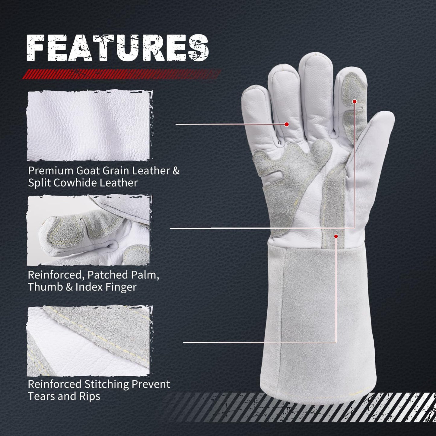 Welding Gloves 16-Inch 932°F Heat Resistant Leather for MIG, Stick | Foil Layer, 1.2 mm Cowhide, Kevlar Stitching and Cotton Lining; Cuff Protects Forearms for Fireplace, Grill and Stove Use