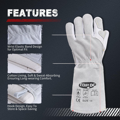 Welding Gloves 16-Inch 932°F Heat Resistant Leather for MIG, Stick | Foil Layer, 1.2 mm Cowhide, Kevlar Stitching and Cotton Lining; Cuff Protects Forearms for Fireplace, Grill and Stove Use
