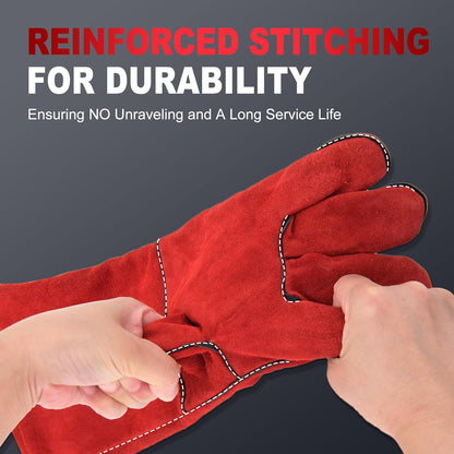 Welding Gloves 16-Inch 932°F Heat Resistant Leather for MIG, Stick | Foil Layer, 1.2 mm Cowhide, Kevlar Stitching and Cotton Lining; Cuff Protects Forearms for Fireplace, Grill and Stove Use