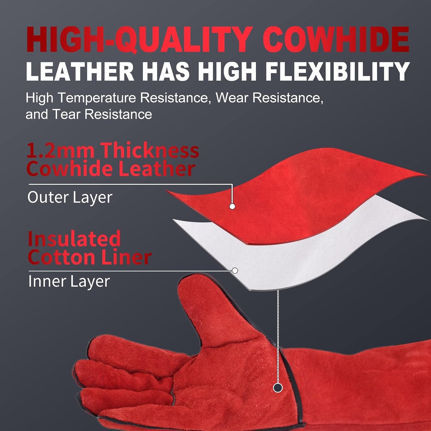 Welding Gloves 16-Inch 932°F Heat Resistant Leather for MIG, Stick | Foil Layer, 1.2 mm Cowhide, Kevlar Stitching and Cotton Lining; Cuff Protects Forearms for Fireplace, Grill and Stove Use